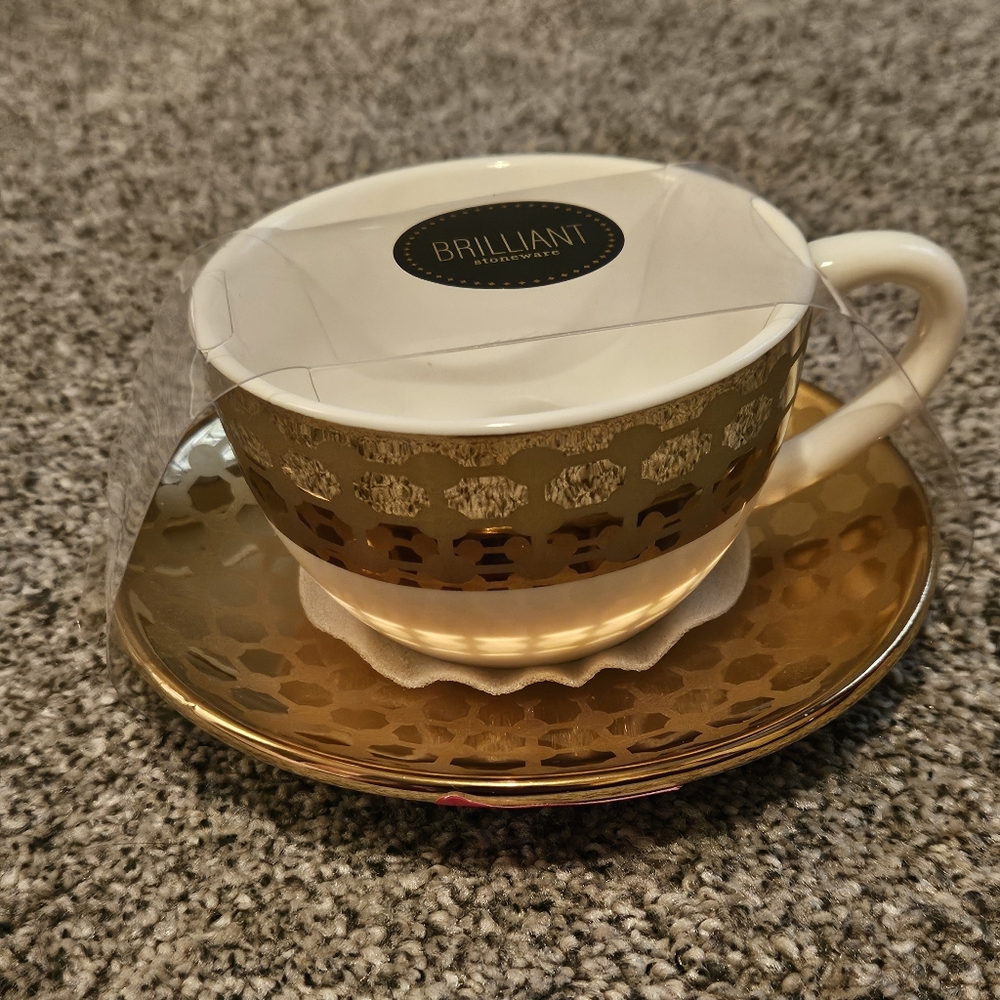 Gold & White Teacup And Saucer Set Beautiful Fancy